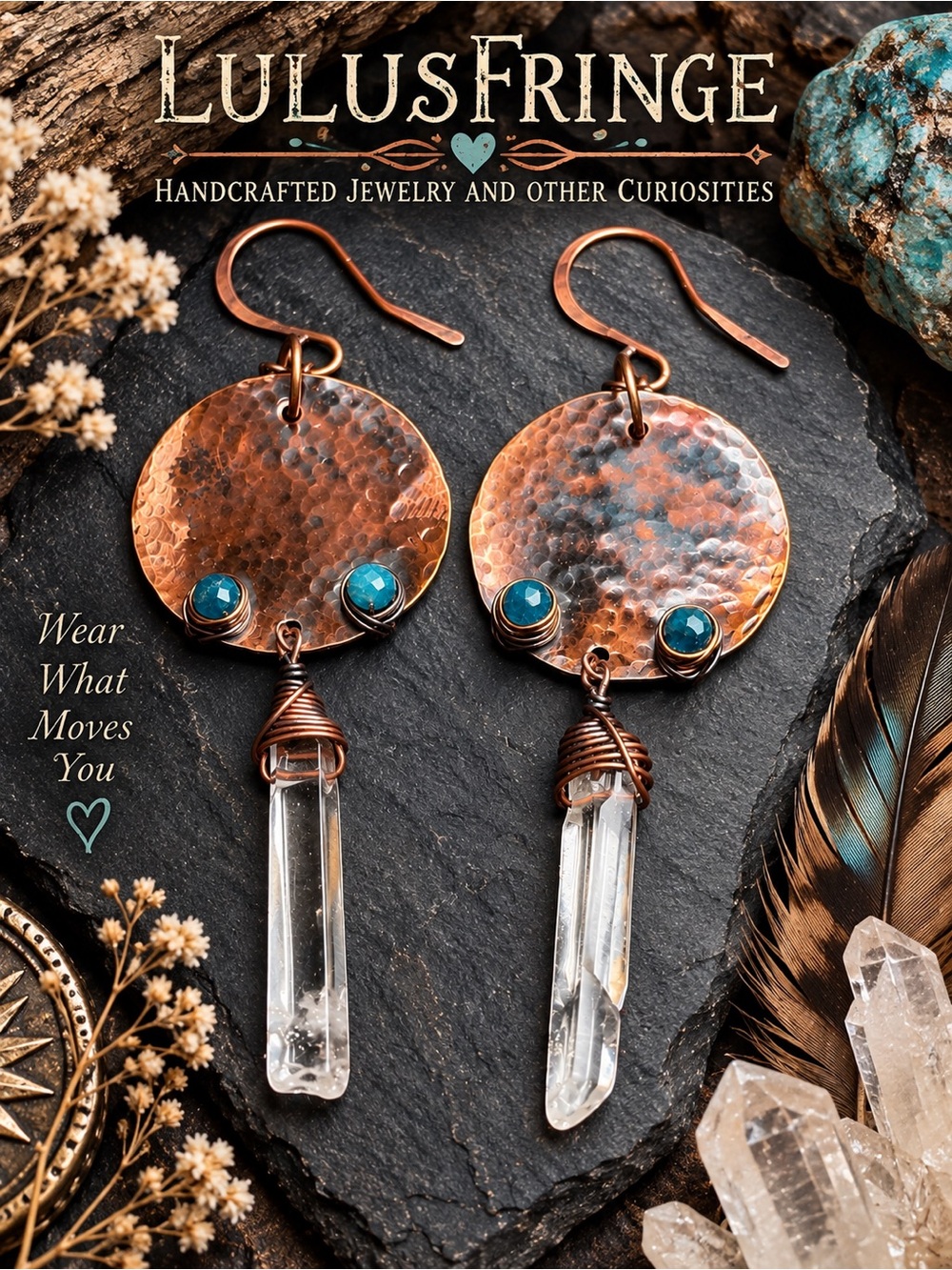 Artisan Hammered Copper & Apatite & Clear Quartz Crystal Dangle Earrings